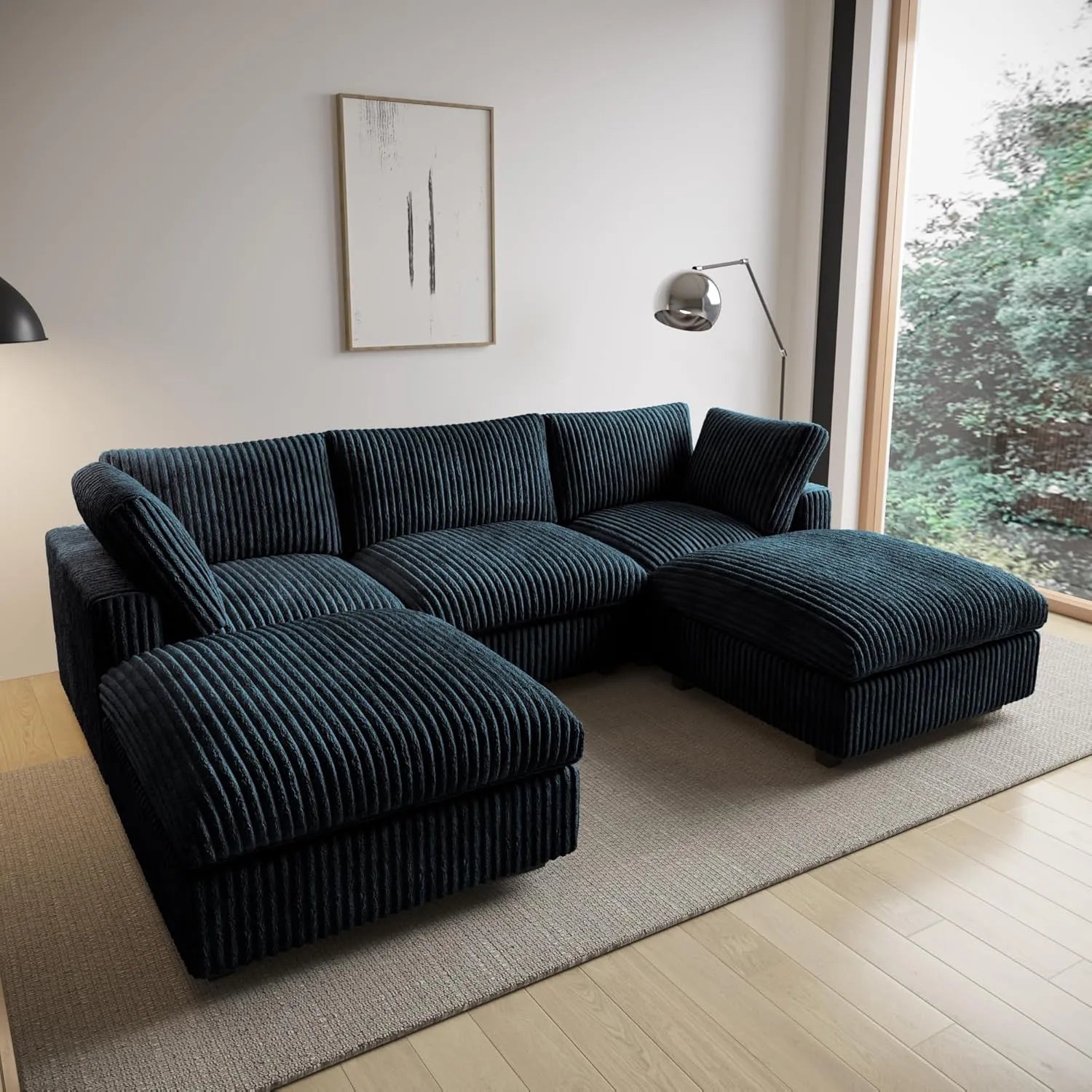 Sofá modular modular Deluxe Cloud de 3 plazas, color negro, lavable, en forma de U | 5 piezas (incluye 2 otomanas), tejido de felpa, diseño modular