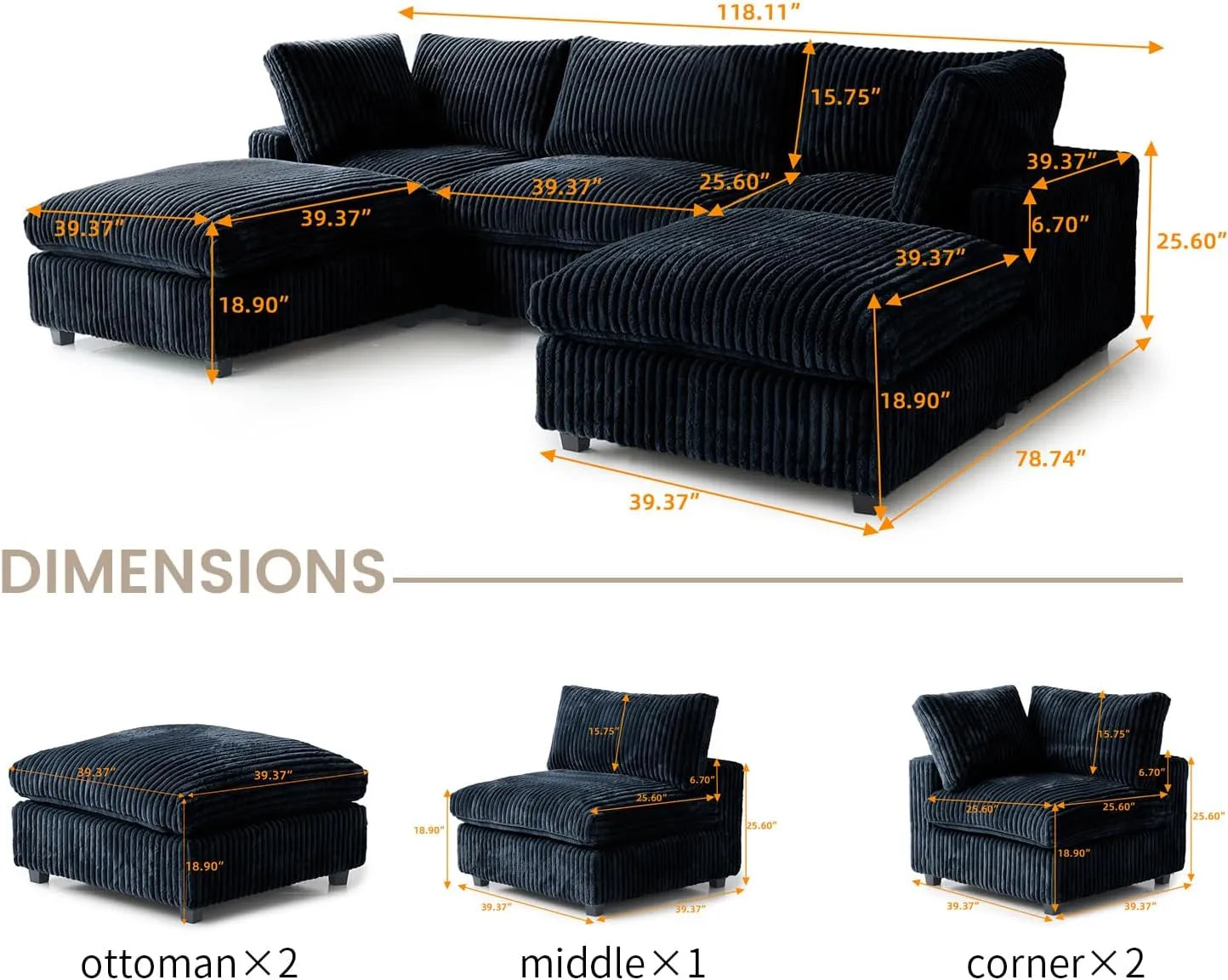 Sofá modular modular Deluxe Cloud de 3 plazas, color negro, lavable, en forma de U | 5 piezas (incluye 2 otomanas), tejido de felpa, diseño modular