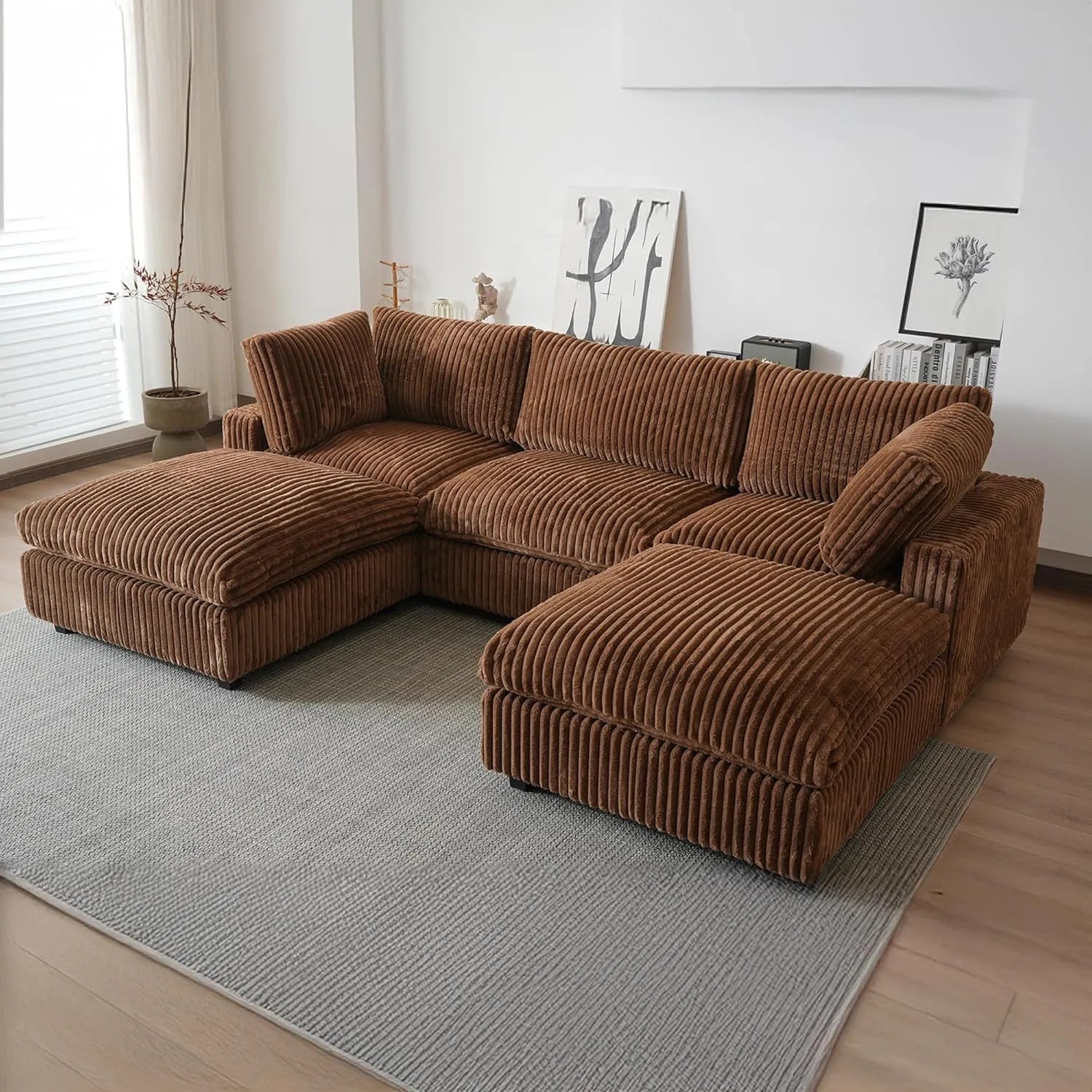 Sofá modular modular Deluxe Cloud de 3 plazas, color marrón, lavable, en forma de U | 5 piezas (incluye 2 otomanas), tejido de felpa, diseño modular