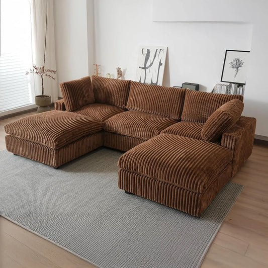 Deluxe Classic Cloud Sectional Sofas | Brown Plush Fabric Couch Sectionals 3-seaters