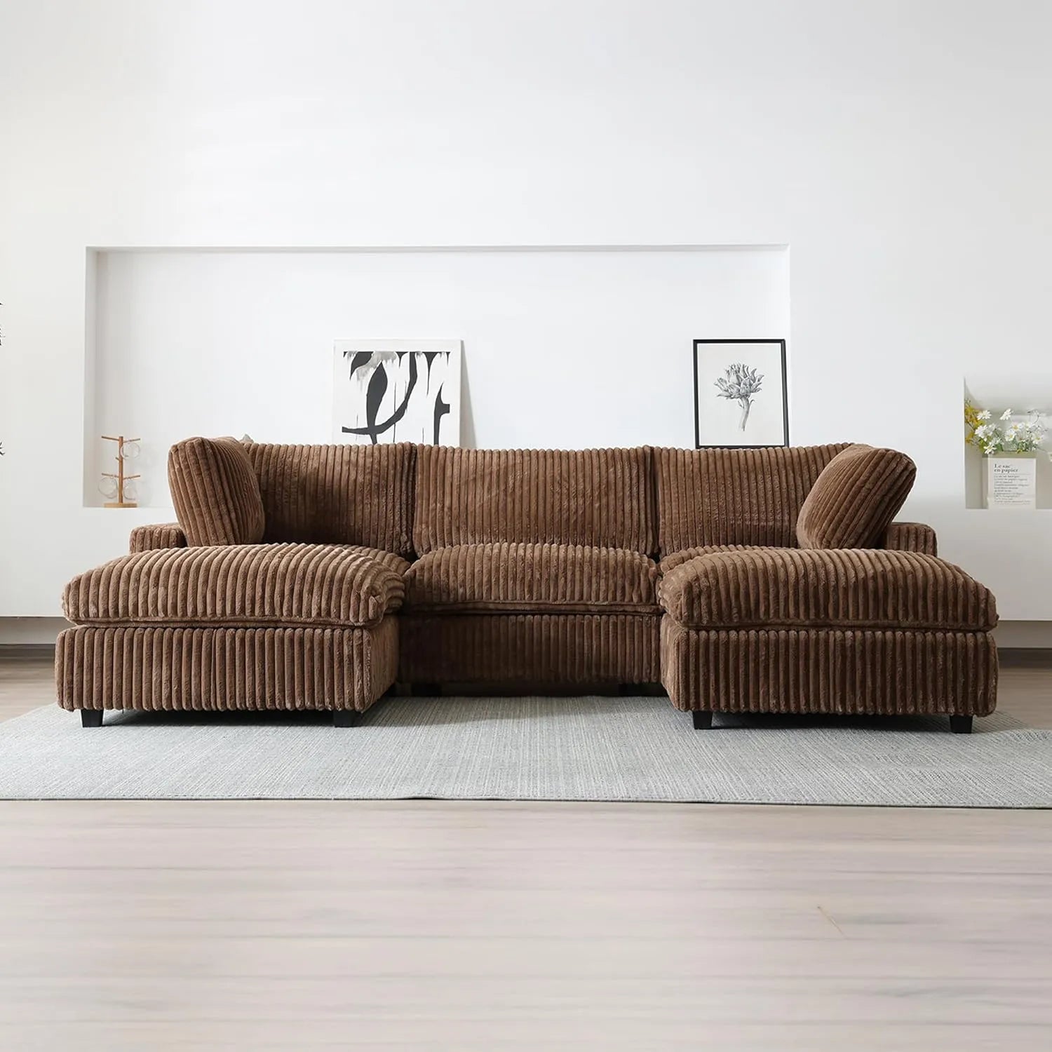 Sofá modular modular Deluxe Cloud de 3 plazas, color marrón, lavable, en forma de U | 5 piezas (incluye 2 otomanas), tejido de felpa, diseño modular