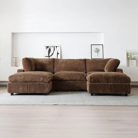 Deluxe Cloud 3-Seater Brown Washable U-Shaped Sectional | 5-Piece (includes 2 Ottomans), Plush Fabric, Modular Design
