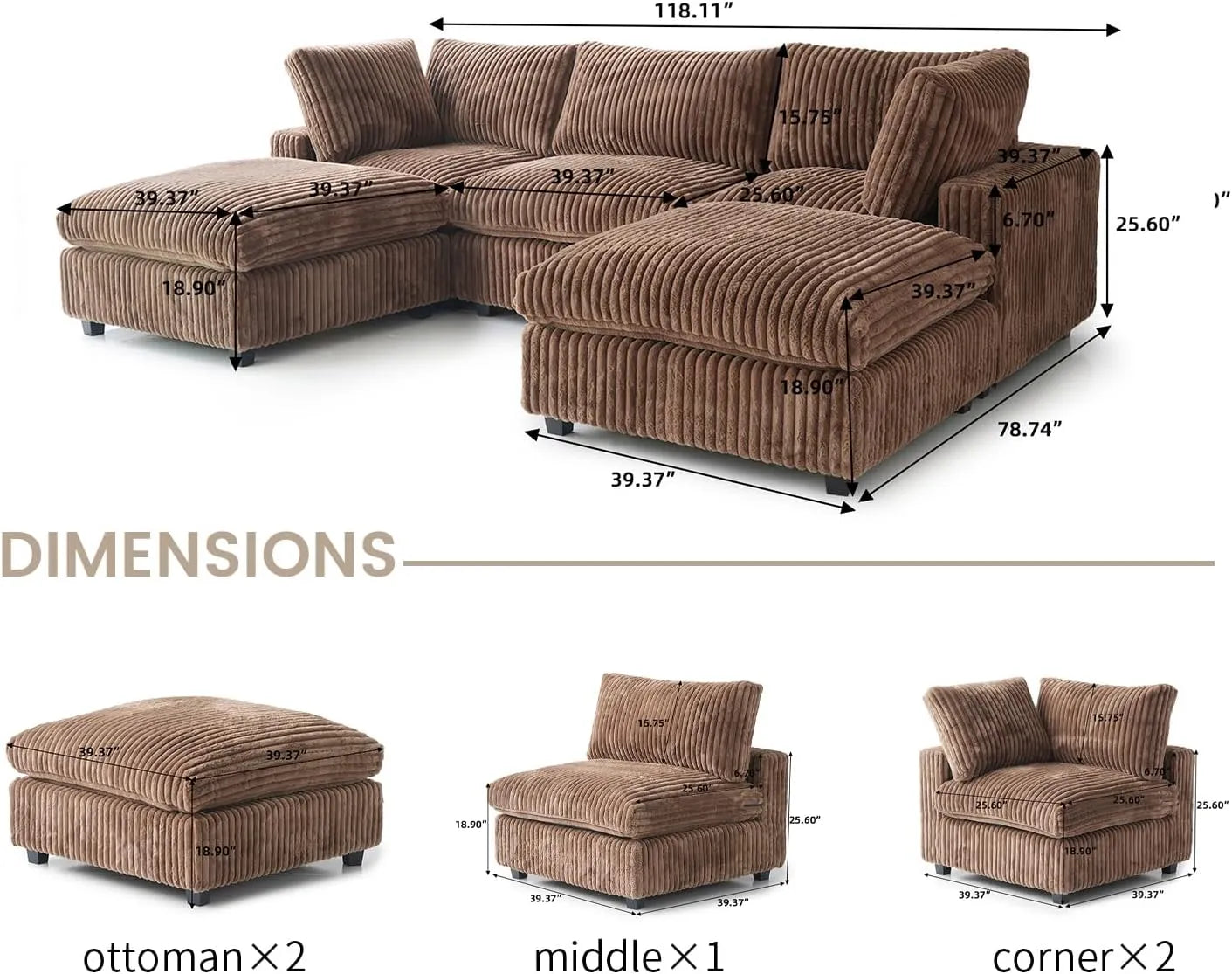 Sofá modular modular Deluxe Cloud de 3 plazas, color marrón, lavable, en forma de U | 5 piezas (incluye 2 otomanas), tejido de felpa, diseño modular