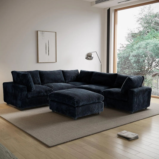 Deluxe Classic Cloud Sectional Sofas | Black Plush Fabric U shaped Sectionals 5-seaters with 1 Ottoman