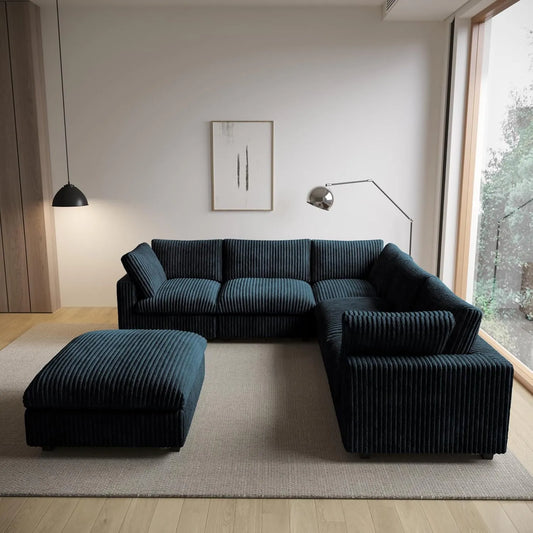 Deluxe Classic Cloud Sectional Sofas | Black Plush Fabric U shaped Sectionals 5-seaters with 1 Ottoman