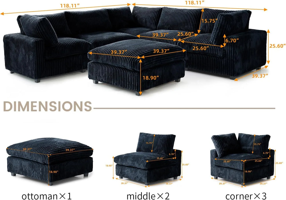 Deluxe Classic Cloud Sectional Sofas | Black Plush Fabric U shaped Sectionals 5-seaters with 1 Ottoman
