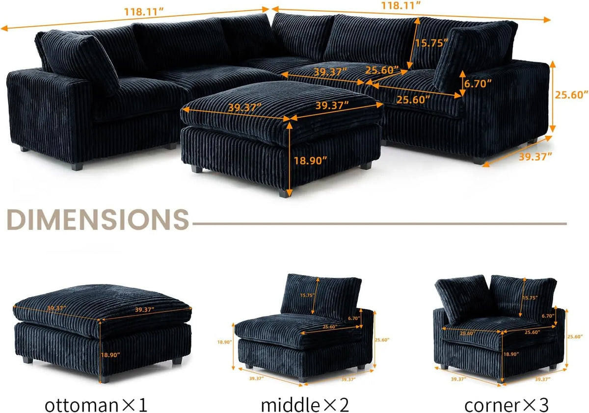 Deluxe Cloud 5-Seater Black Washable Sofa Set | 6-Piece (includes 1 Ottoman), Plush Fabric, Modular Design