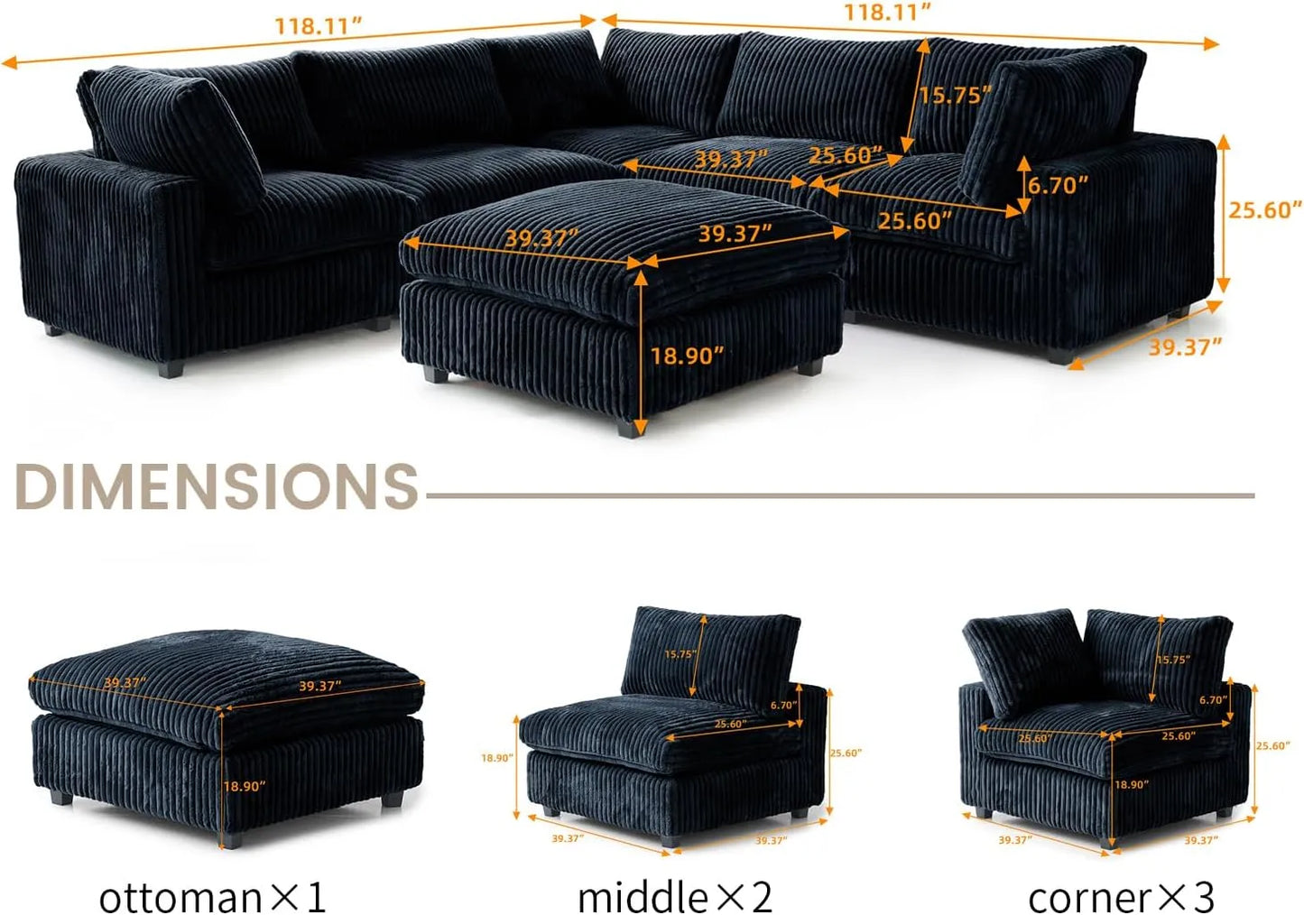 Deluxe Classic Cloud Sectional Sofas | Black Plush Fabric U shaped Sectionals 5-seaters with 1 Ottoman