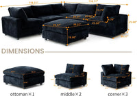 Deluxe Classic Cloud Sectional Sofas | Black Plush Fabric U shaped Sectionals 5-seaters with 1 Ottoman