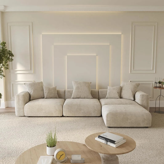 Matrix Modern Modular Sofas | Beige Corduroy Couch Sectionals 3-seaters with 1 Ottoman
