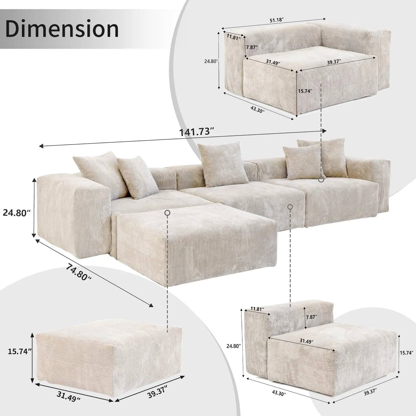 Matrix Modern Modular Sofas | Beige Corduroy Couch Sectionals 3-seaters with 1 Ottoman