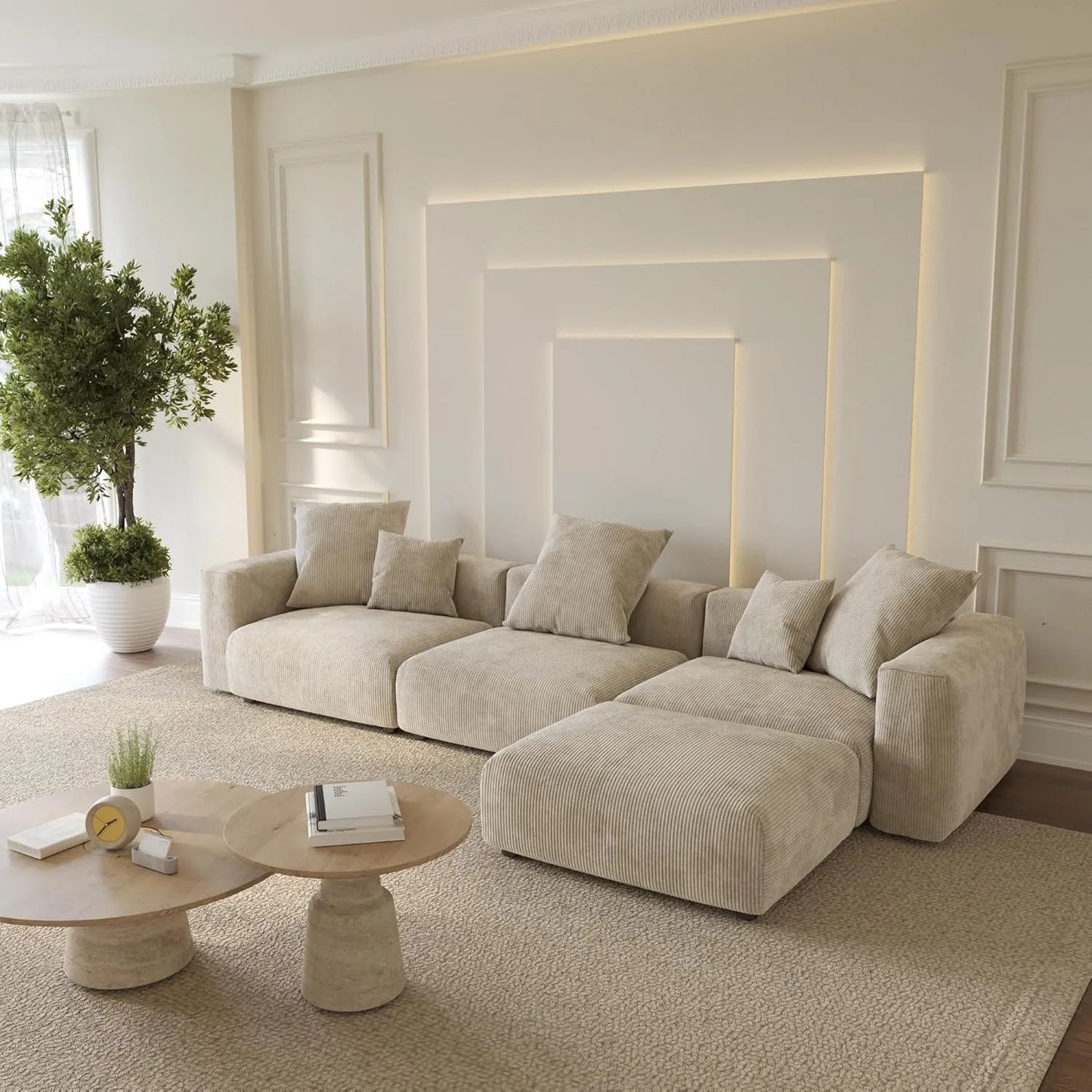 Matrix Modern Modular Sofas | Beige Corduroy Couch Sectionals 3-seaters with 1 Ottoman