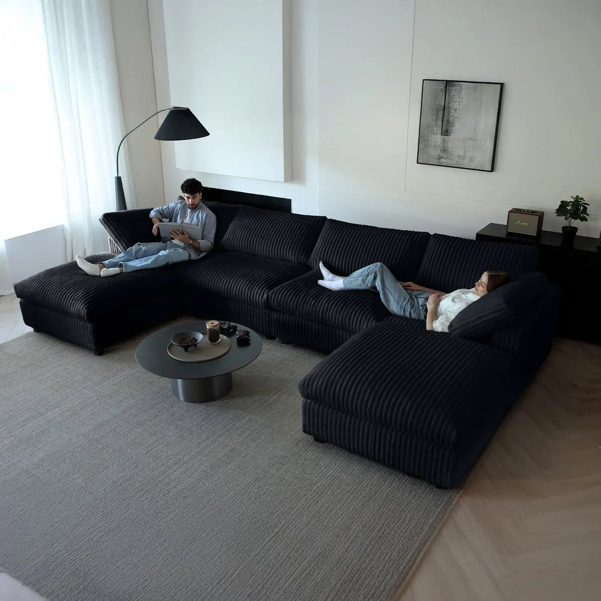 Deluxe Cloud 4-Seater Black Washable U-Shaped Sectional | 6-Piece (includes 2 Ottomans), Plush Fabric, Modular Design