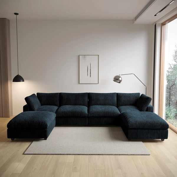 Deluxe Classic Cloud Sectional Sofas | 6-Piece Black Plush Fabric U-Shaped Sectionals 4-seater