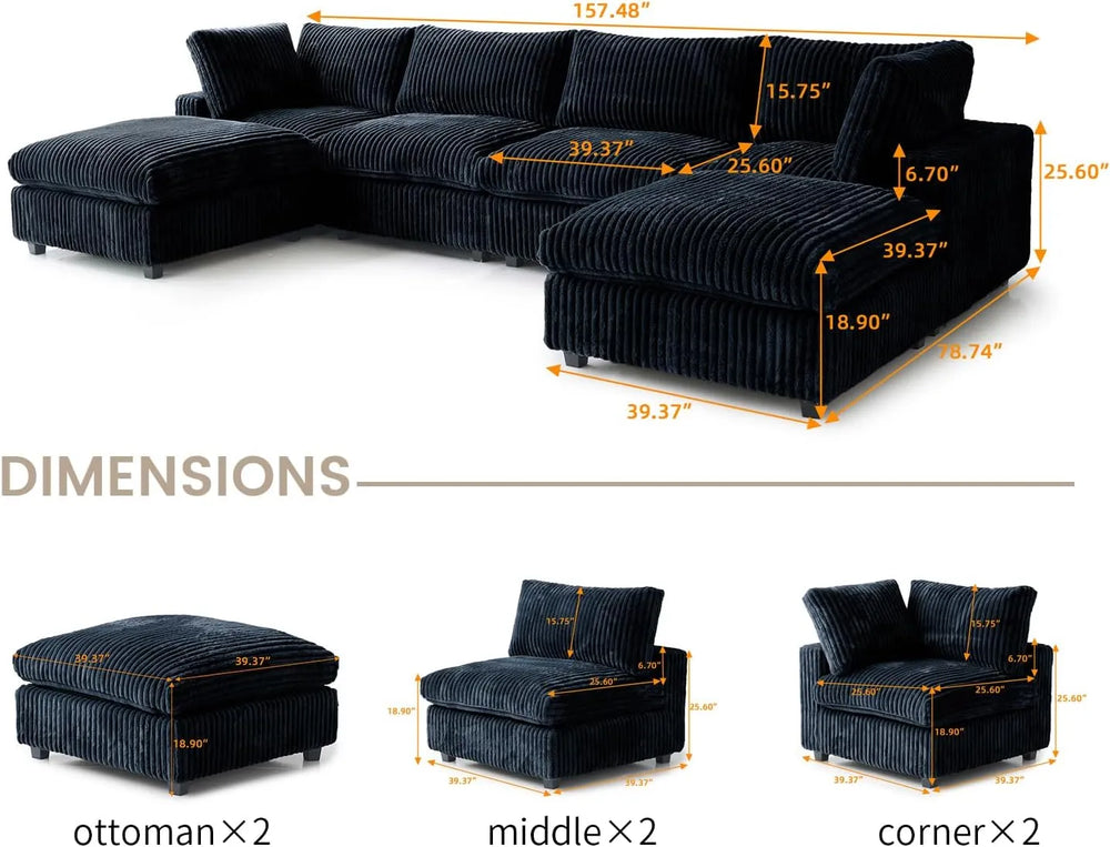 Deluxe Classic Cloud Sectional Sofas | Black Plush Fabric U shaped Sectionals 4-seaters