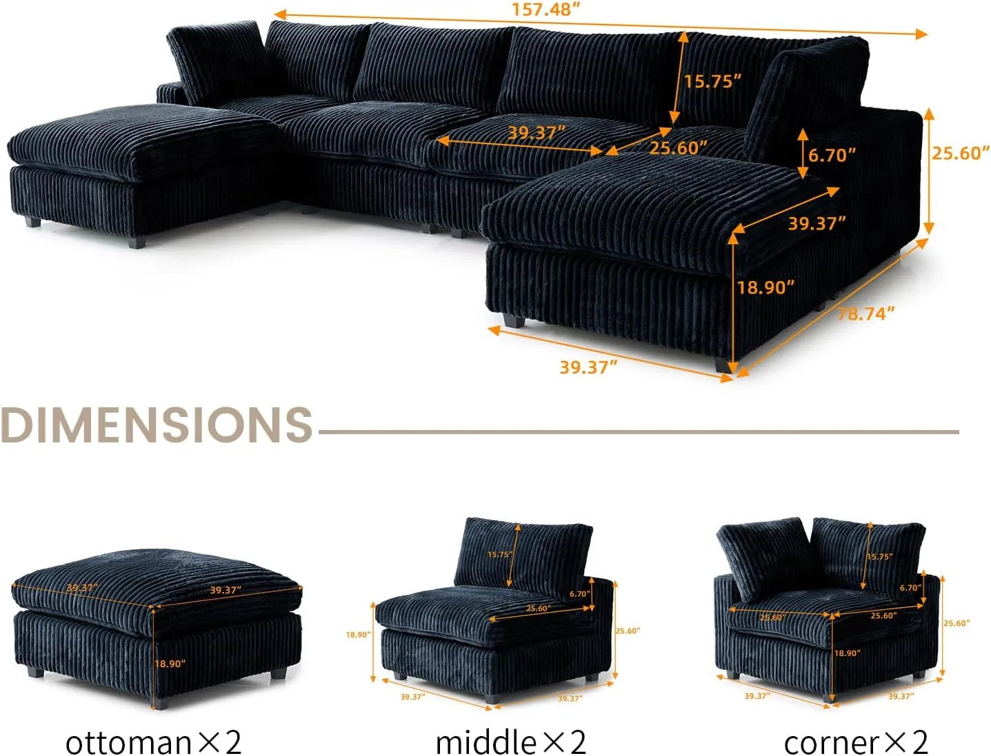 Sofá modular modular Deluxe Cloud de 4 plazas, color negro, lavable, en forma de U | Juego de 6 piezas (incluye 2 otomanas), tejido de felpa, diseño modular