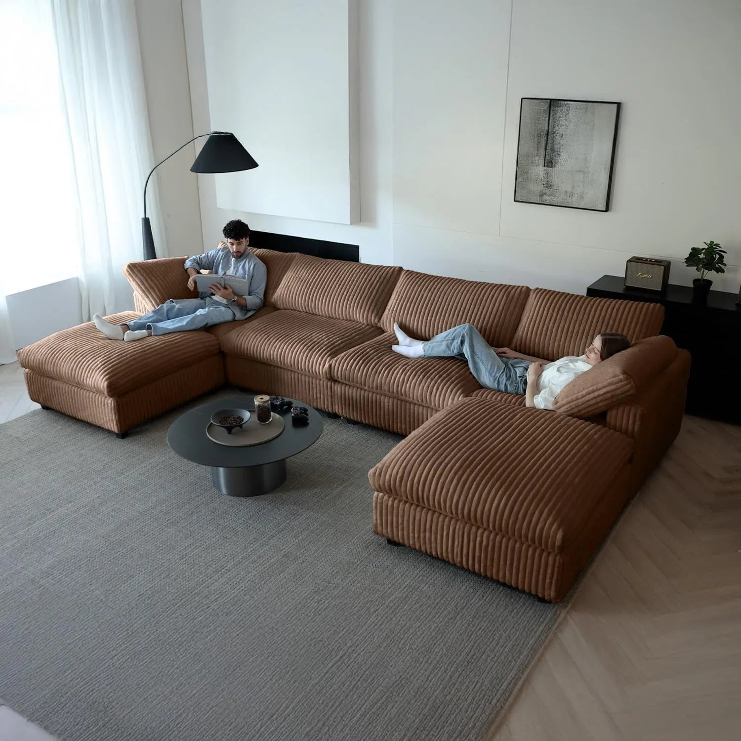 Sofá modular modular Deluxe Cloud de 4 plazas, color marrón, lavable, en forma de U | Juego de 6 piezas (incluye 2 otomanas), tejido de felpa, diseño modular