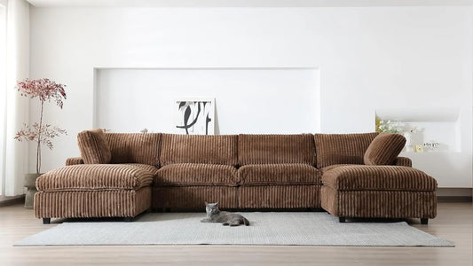 Deluxe Classic Cloud Sectional Sofas | Brown Plush Fabric U shaped Sectionals 4-seaters