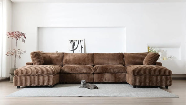 Deluxe Classic Cloud Sectional Sofas | 6-Piece Brown Plush Fabric U-Shaped Sectionals 4-seater