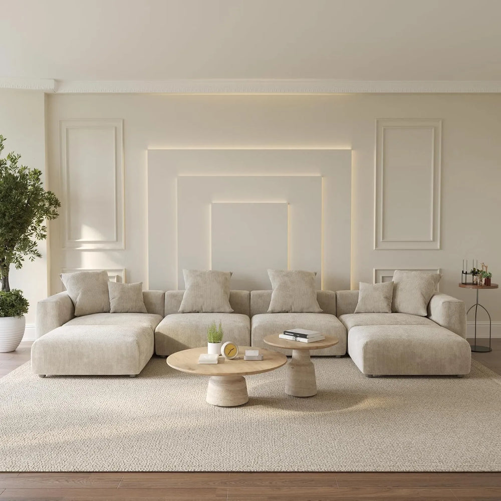Matrix Modern Modular Sofas | Beige Corduroy U shaped Sectionals 4-seaters With 2 Ottoman