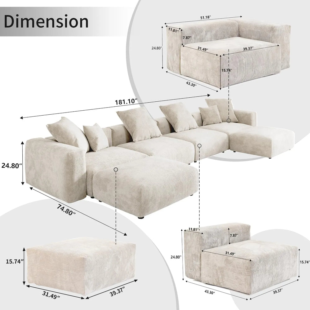 Matrix Modern Modular Sofas | Beige Corduroy U shaped Sectionals 4-seaters With 2 Ottoman