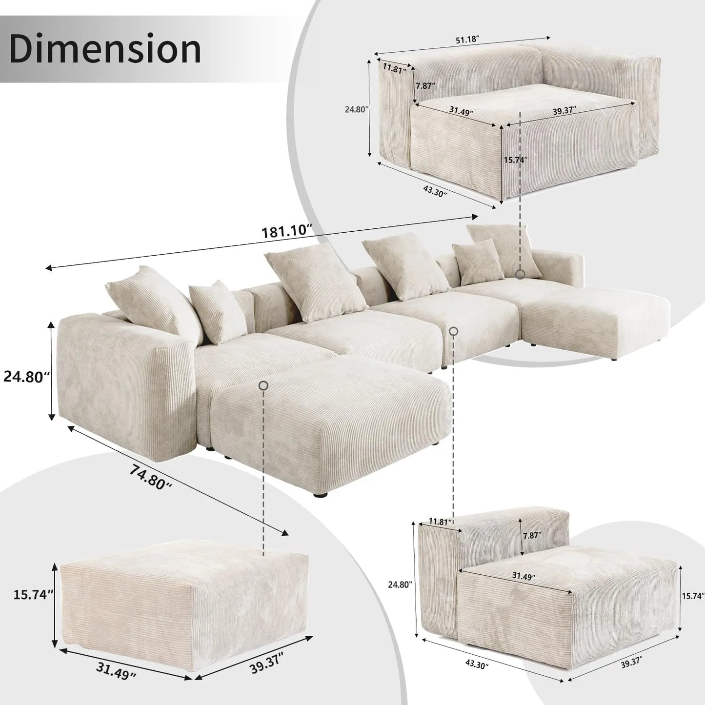 Matrix Modern Modular Sofas | Beige Corduroy U shaped Sectionals 4-seaters With 2 Ottoman