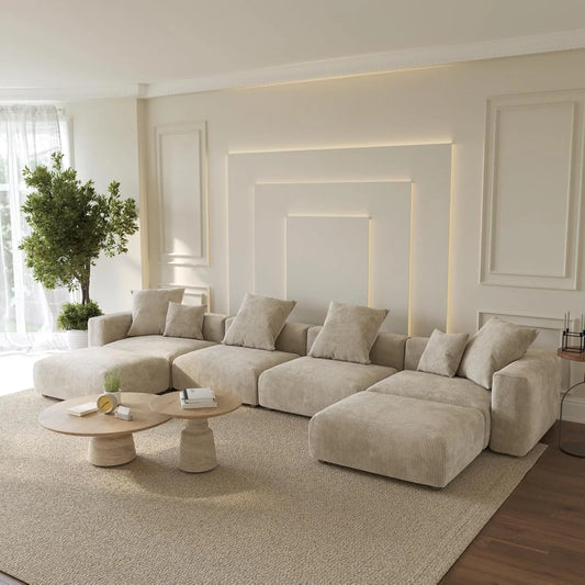 Matrix Modern Modular Sofas | Beige Corduroy U shaped Sectionals 4-seaters With 2 Ottoman