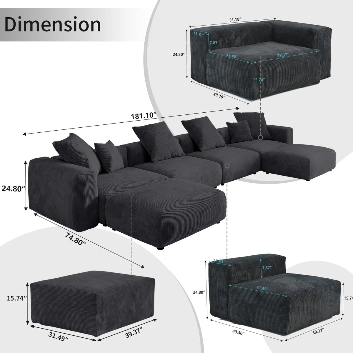 Sofá seccional en forma de U Matrix de 4 plazas, lavable, color negro | Juego de 6 piezas (incluye 2 otomanas), tejido de pana, diseño modular