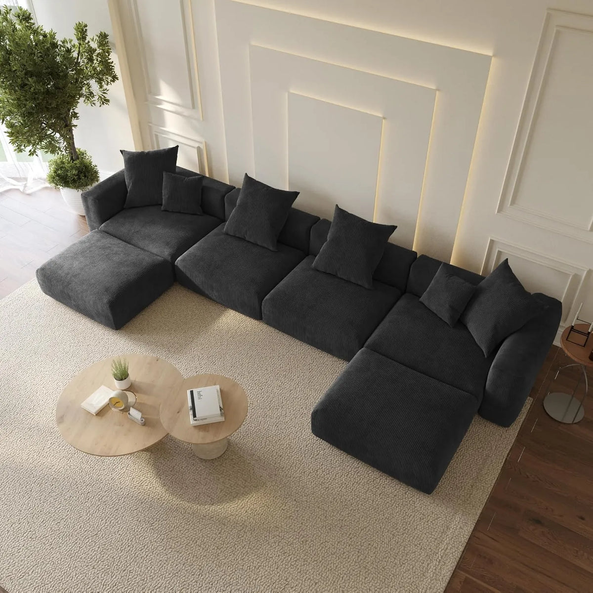 Sofá seccional en forma de U Matrix de 4 plazas, lavable, color negro | Juego de 6 piezas (incluye 2 otomanas), tejido de pana, diseño modular