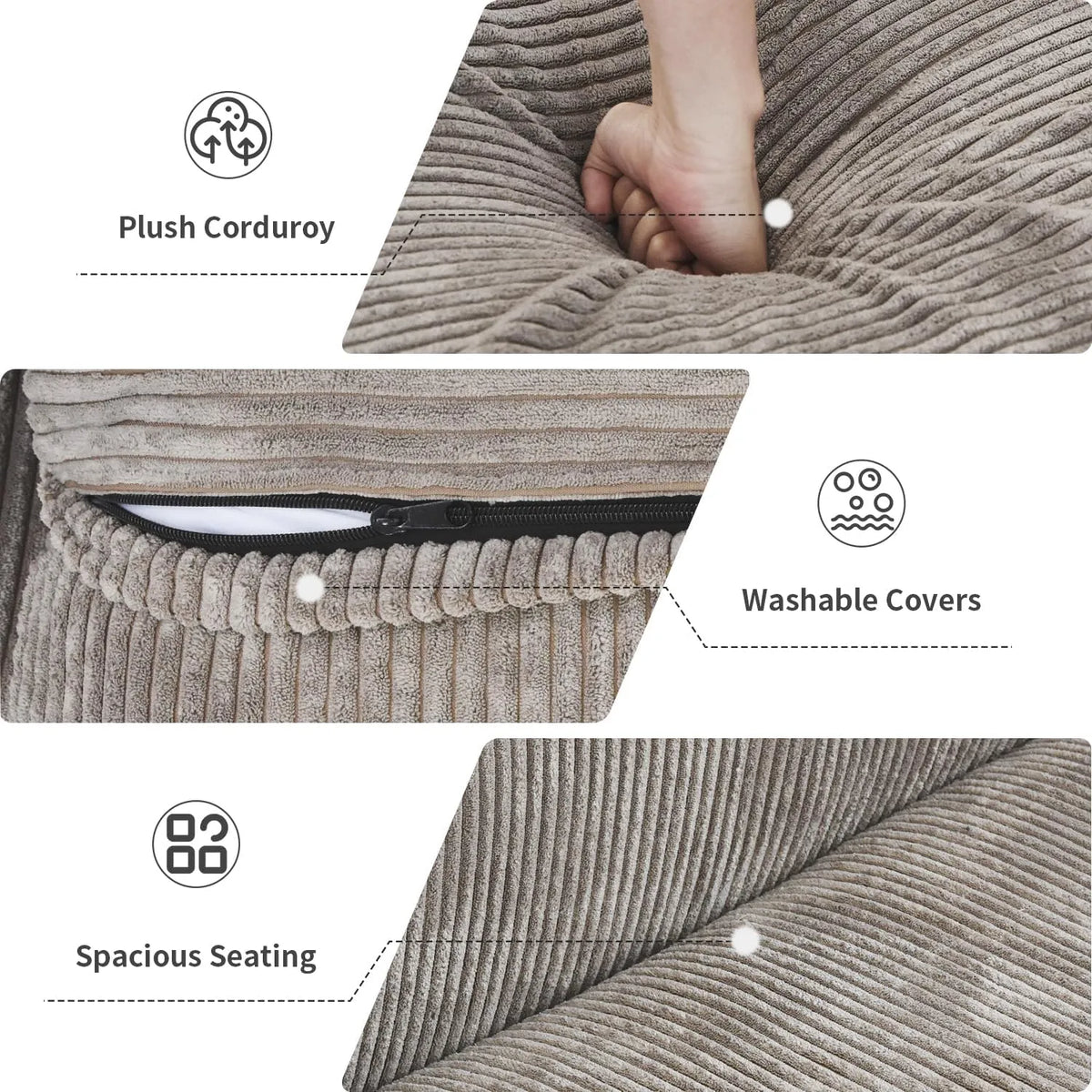 Sofá seccional en forma de U lavable Matrix de 3 plazas, color marrón | Juego de 5 piezas (incluye 2 otomanas), tejido de pana, diseño modular