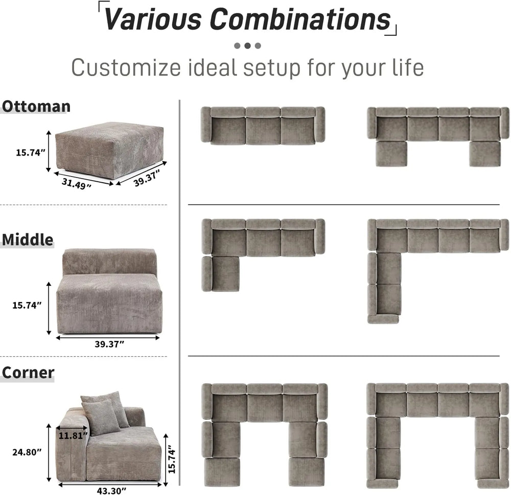 Matrix Modern Modular Sofas | Brown Corduroy U shaped Sectionals 6-seaters