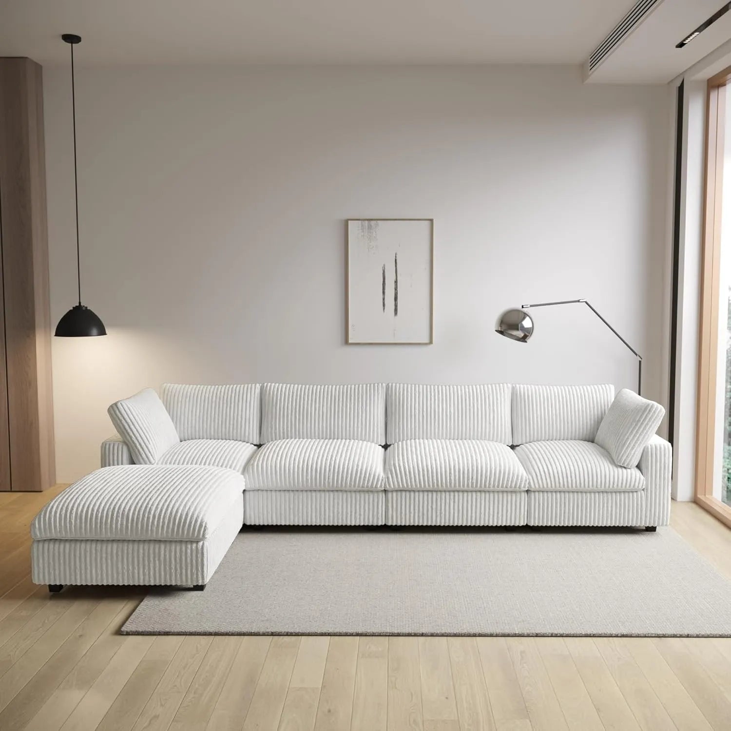 Sofá modular modular Deluxe Cloud de 4 plazas, color beige, lavable, en forma de L | 5 piezas (incluye 1 otomana), tejido de felpa, diseño modular