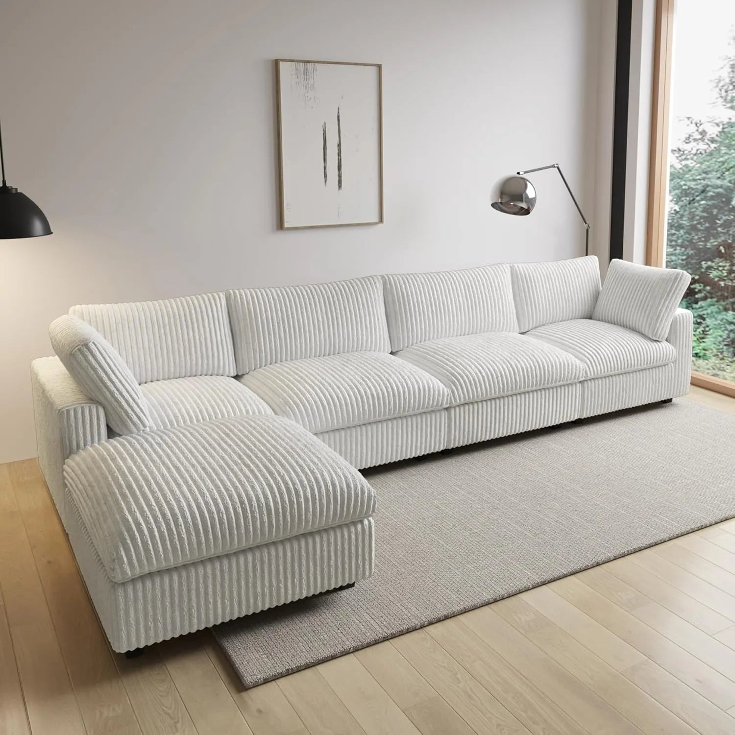 Sofá modular modular Deluxe Cloud de 4 plazas, color beige, lavable, en forma de L | 5 piezas (incluye 1 otomana), tejido de felpa, diseño modular