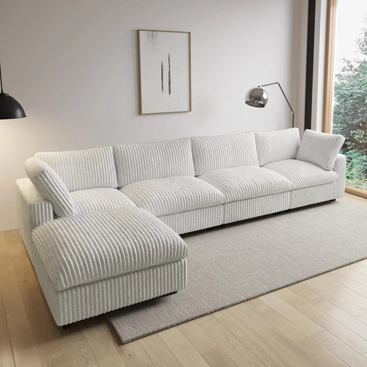 Deluxe Classic Cloud Sectional Sofas | Beige Plush Fabric L shaped Sectionals 4-seaters with 1 Ottoman