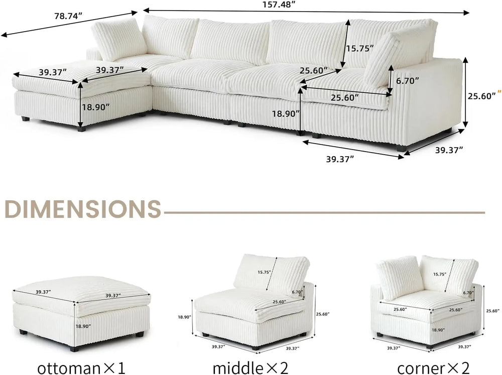 Deluxe Classic Cloud Sectional Sofas | Beige Plush Fabric L shaped Sectionals 4-seaters with 1 Ottoman
