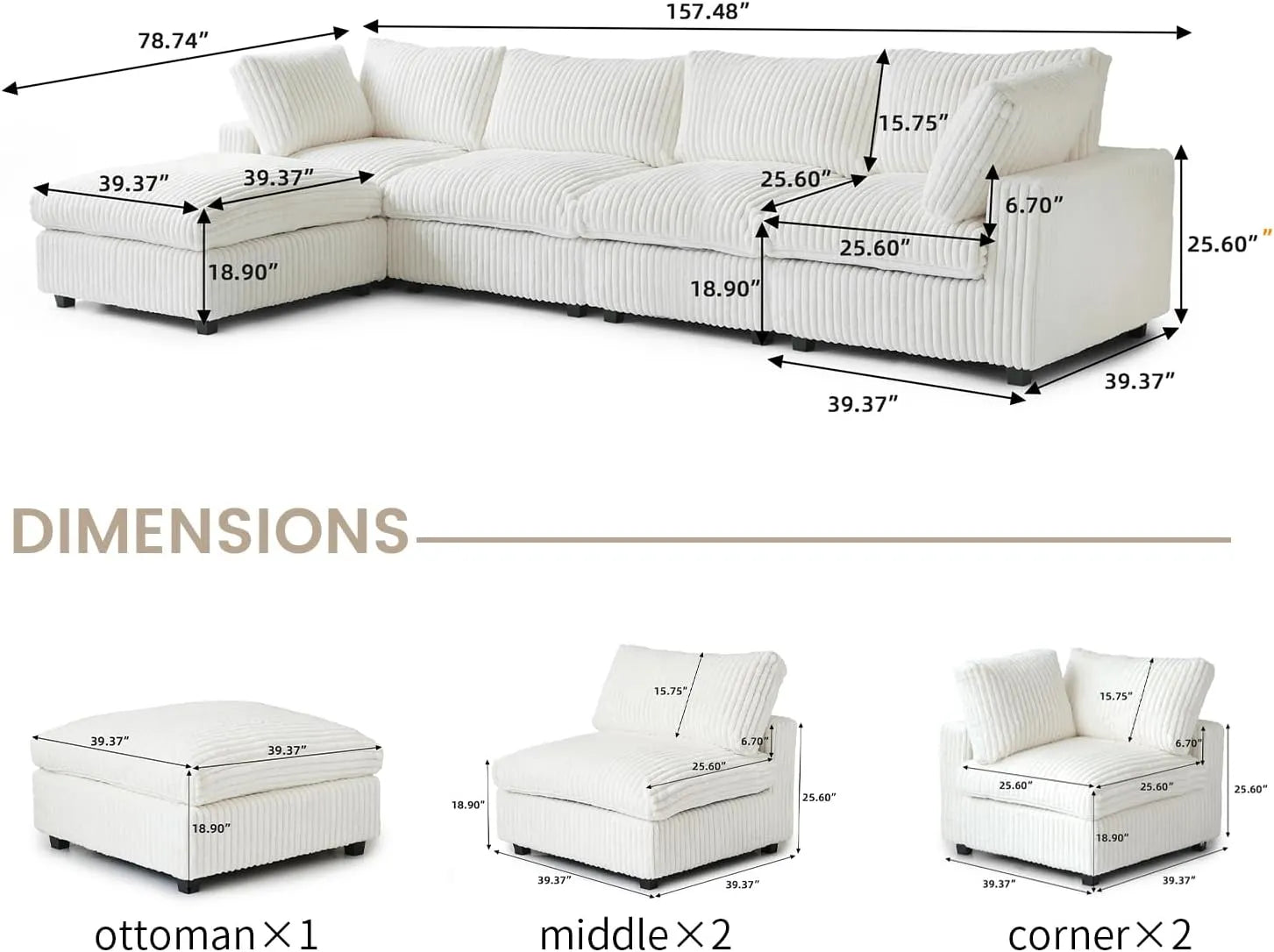 Sofá modular modular Deluxe Cloud de 4 plazas, color beige, lavable, en forma de L | 5 piezas (incluye 1 otomana), tejido de felpa, diseño modular