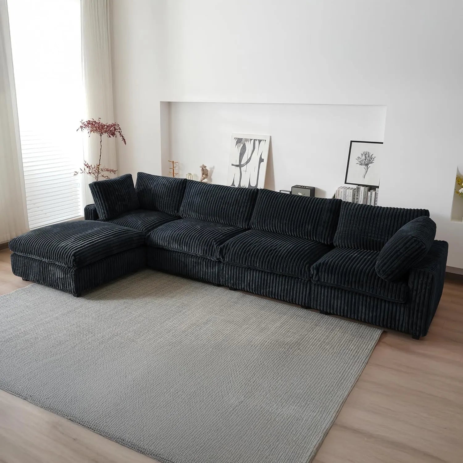 Sofá modular modular Deluxe Cloud de 4 plazas, color negro, lavable, en forma de L | 5 piezas (incluye 1 otomana), tejido de felpa, diseño modular