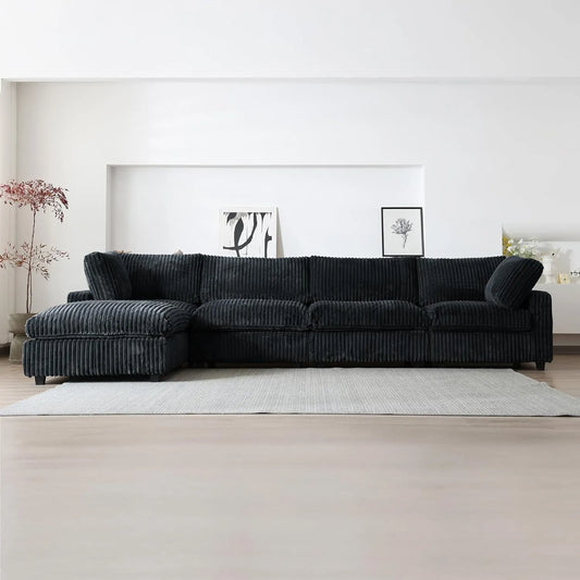 Deluxe Classic Cloud Sectional Sofas | Black Plush Fabric L shaped Sectionals 4-seaters with 1 Ottoman