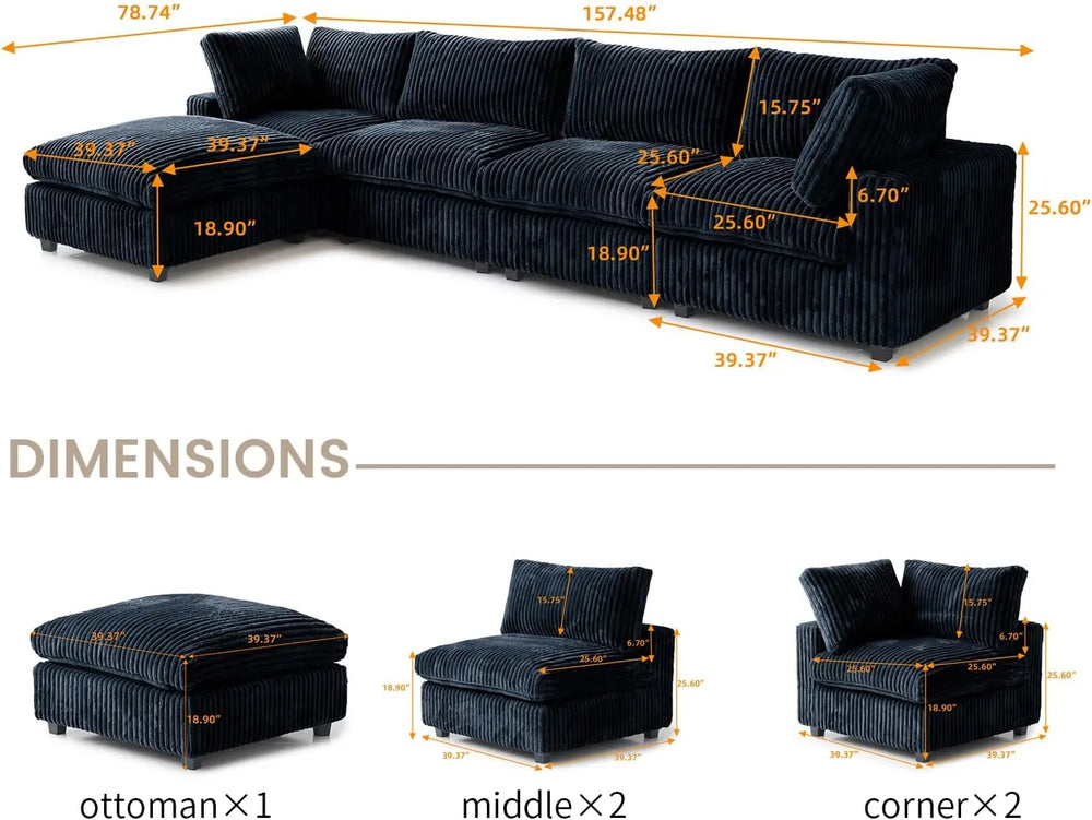 Deluxe Classic Cloud Sectional Sofas | Black Plush Fabric L shaped Sectionals 4-seaters with 1 Ottoman