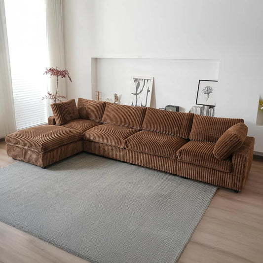 Deluxe Classic Cloud Sectional Sofas | Brown Plush Fabric L shaped Sectionals 4-seaters with 1 Ottoman