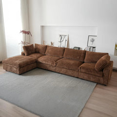Deluxe Classic Cloud Sectional Sofas | Brown Plush Fabric L shaped Sectionals 4-seaters with 1 Ottoman