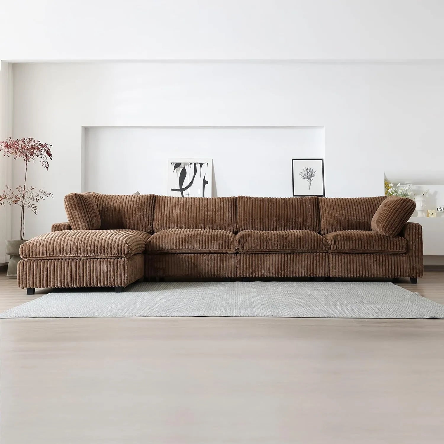 Sofá modular modular Deluxe Cloud de 4 plazas, color marrón, lavable, en forma de L | 5 piezas (incluye 1 otomana), tejido de felpa, diseño modular