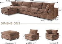 Deluxe Classic Cloud Sectional Sofas | Brown Plush Fabric L shaped Sectionals 4-seaters with 1 Ottoman
