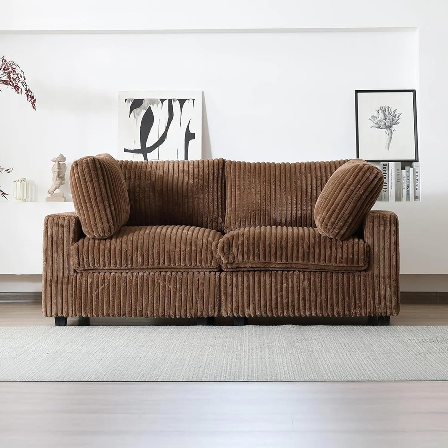 Sofá de dos plazas Deluxe Cloud, color marrón, lavable | 2 piezas, tela de felpa, diseño modular