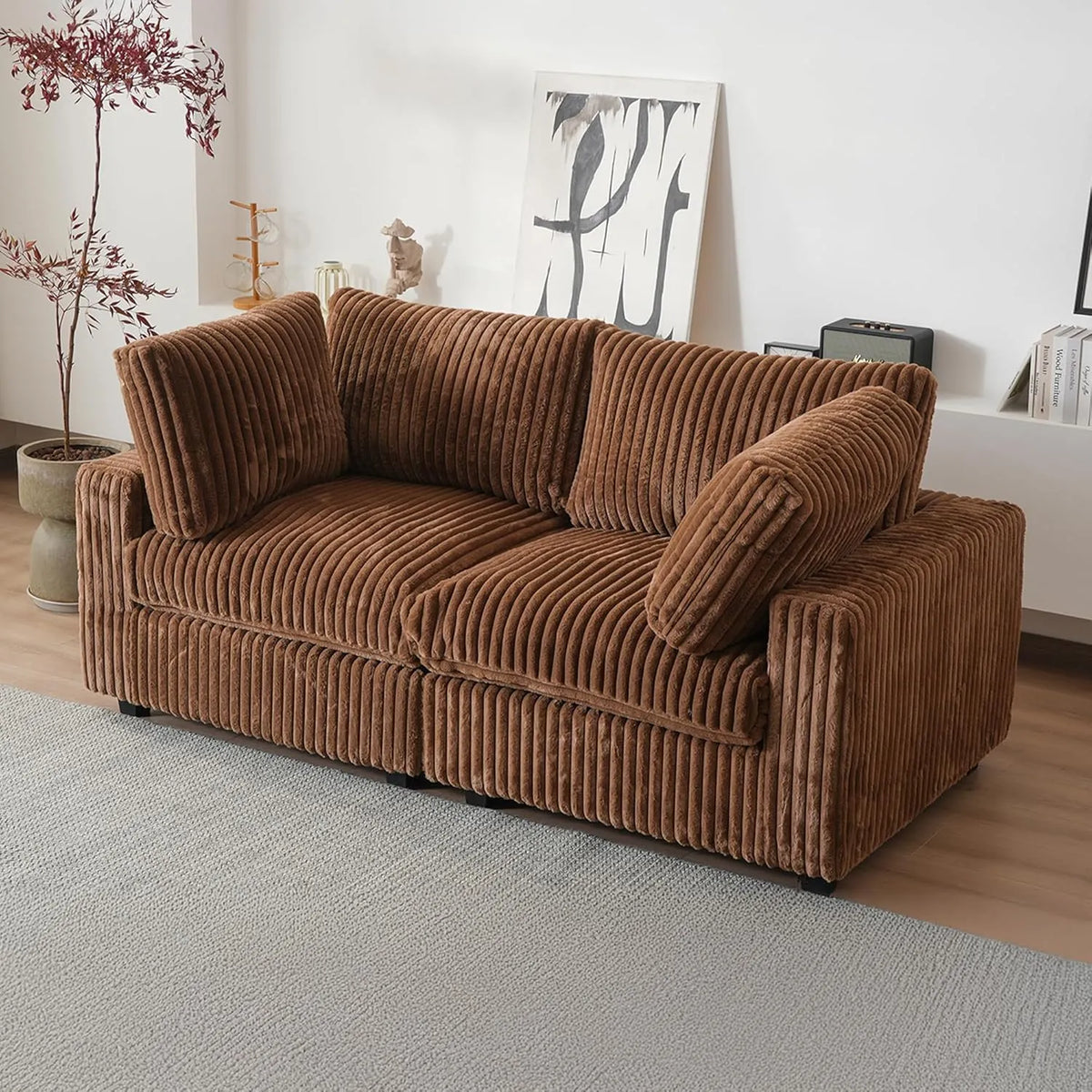 Sofá de dos plazas Deluxe Cloud, color marrón, lavable | 2 piezas, tela de felpa, diseño modular