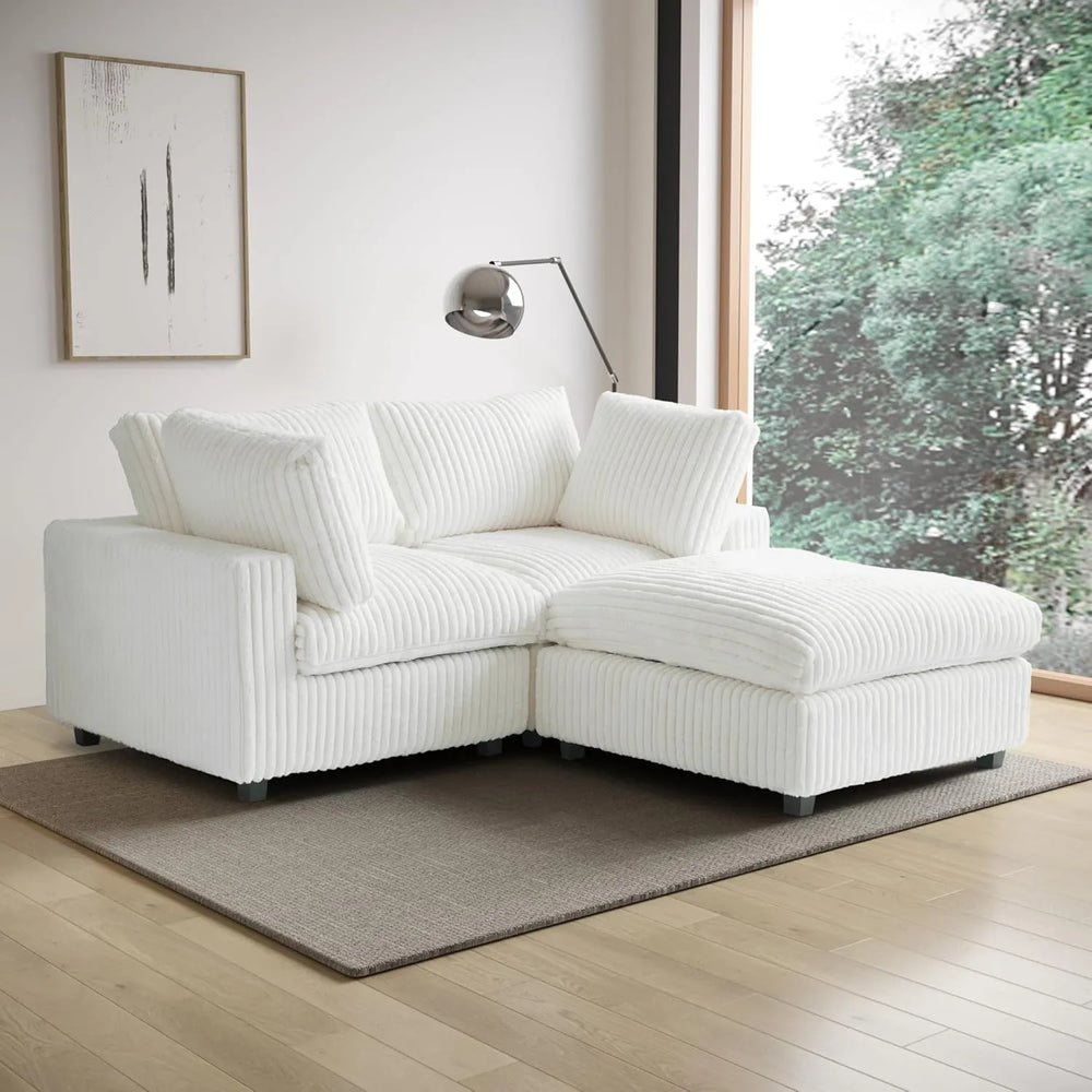 Deluxe Classic Cloud Sectional Sofas | Beige Plush Fabric Loveseats 2-seaters with 1 Ottoman