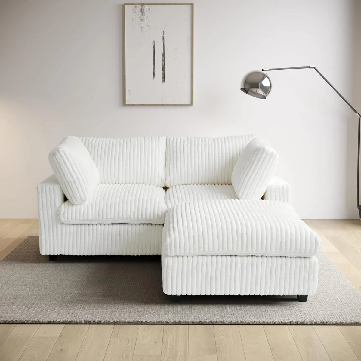 Deluxe Cloud 2-Seater Beige Washable Chaise Sectional | 3-Piece (includes 1 Ottoman), Plush Fabric, Modular Design