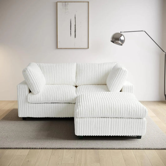 Deluxe Classic Cloud Sectional Sofas | Beige Plush Fabric Loveseats 2-seaters with 1 Ottoman