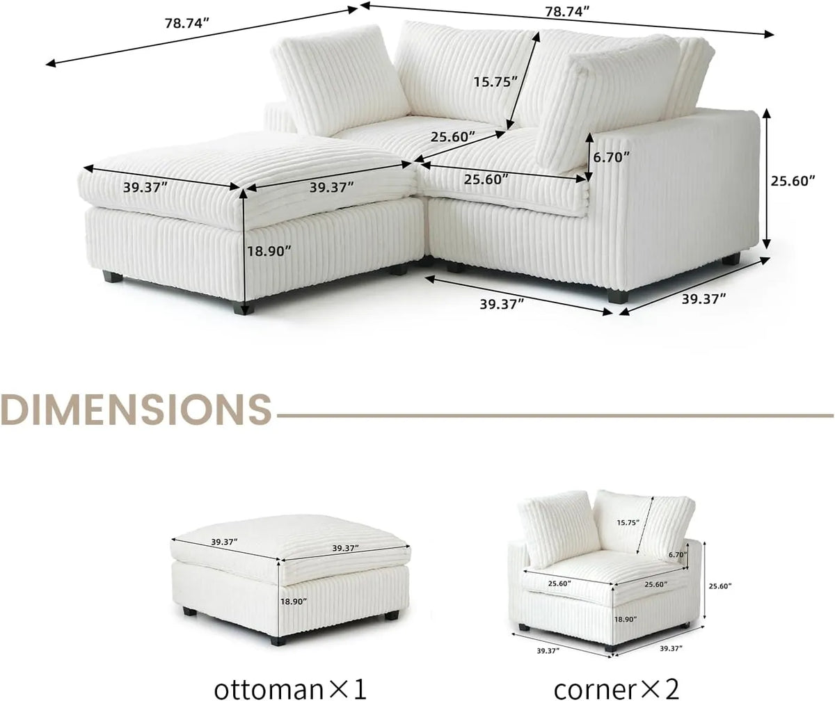 Deluxe Cloud 2-Seater Beige Washable Chaise Sectional | 3-Piece (includes 1 Ottoman), Plush Fabric, Modular Design