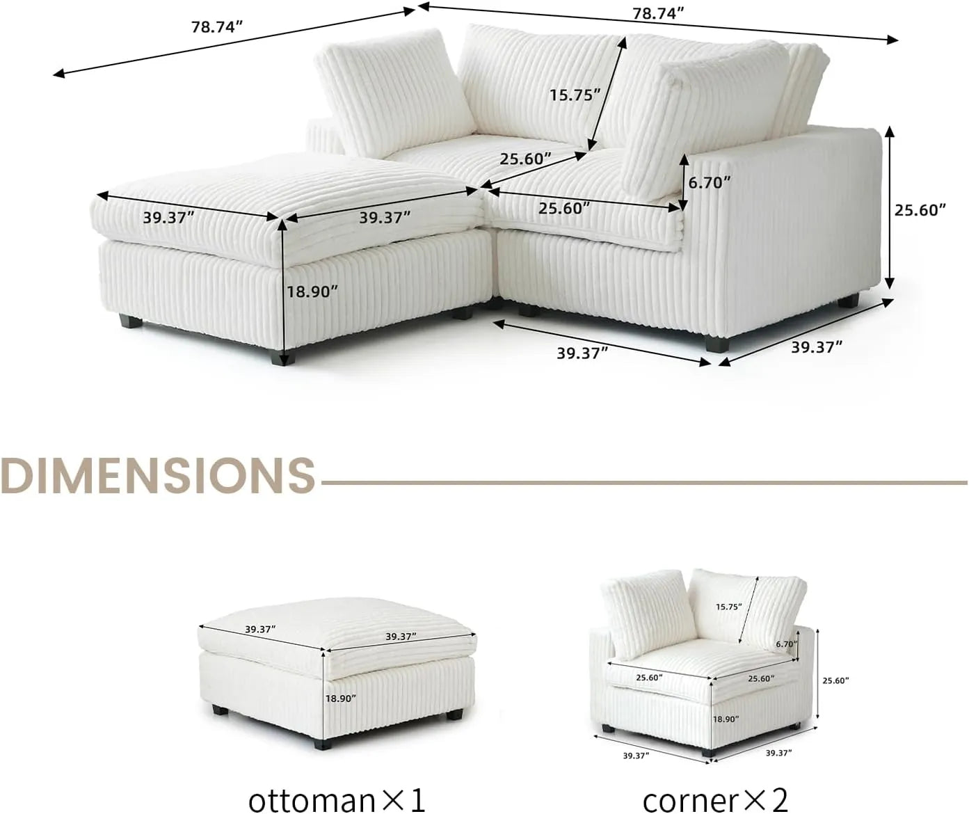 Deluxe Classic Cloud Sectional Sofas | Beige Plush Fabric Loveseats 2-seaters with 1 Ottoman